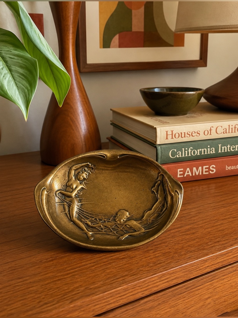 RARE Antique patinated bronze art nouveau nude lady & man Tray✨HEAVY